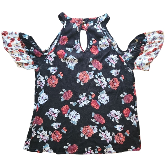 Daytrip Floral Cold Shoulder Keyhole Blouse Black Red White Boho Top L - Picture 3 of 9
